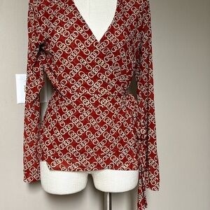 CAbi Red and White Blouse Chic Top